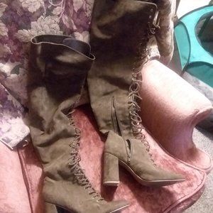 Faux suede lace up over knee boots